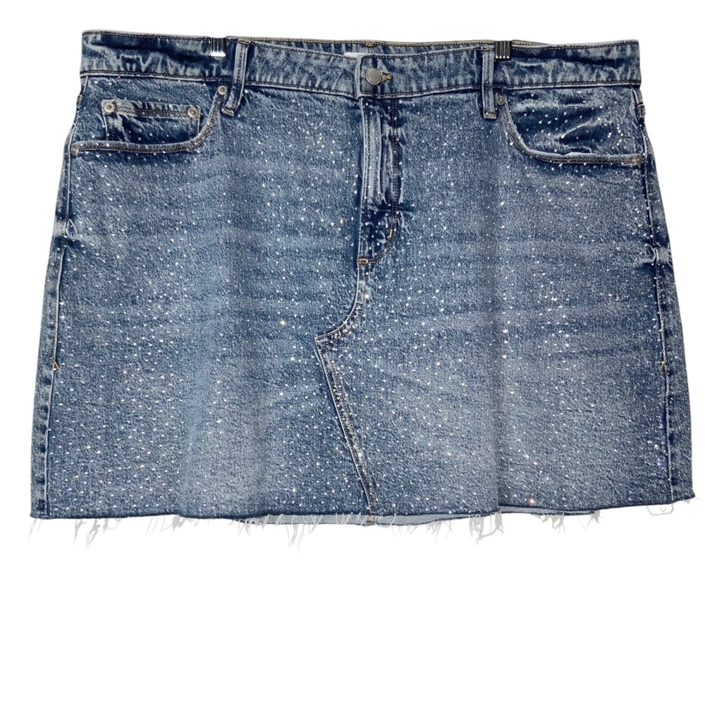 Good American Diamonds Mini Skirt Blue Rhinestone Raw Hem Denim Size 18